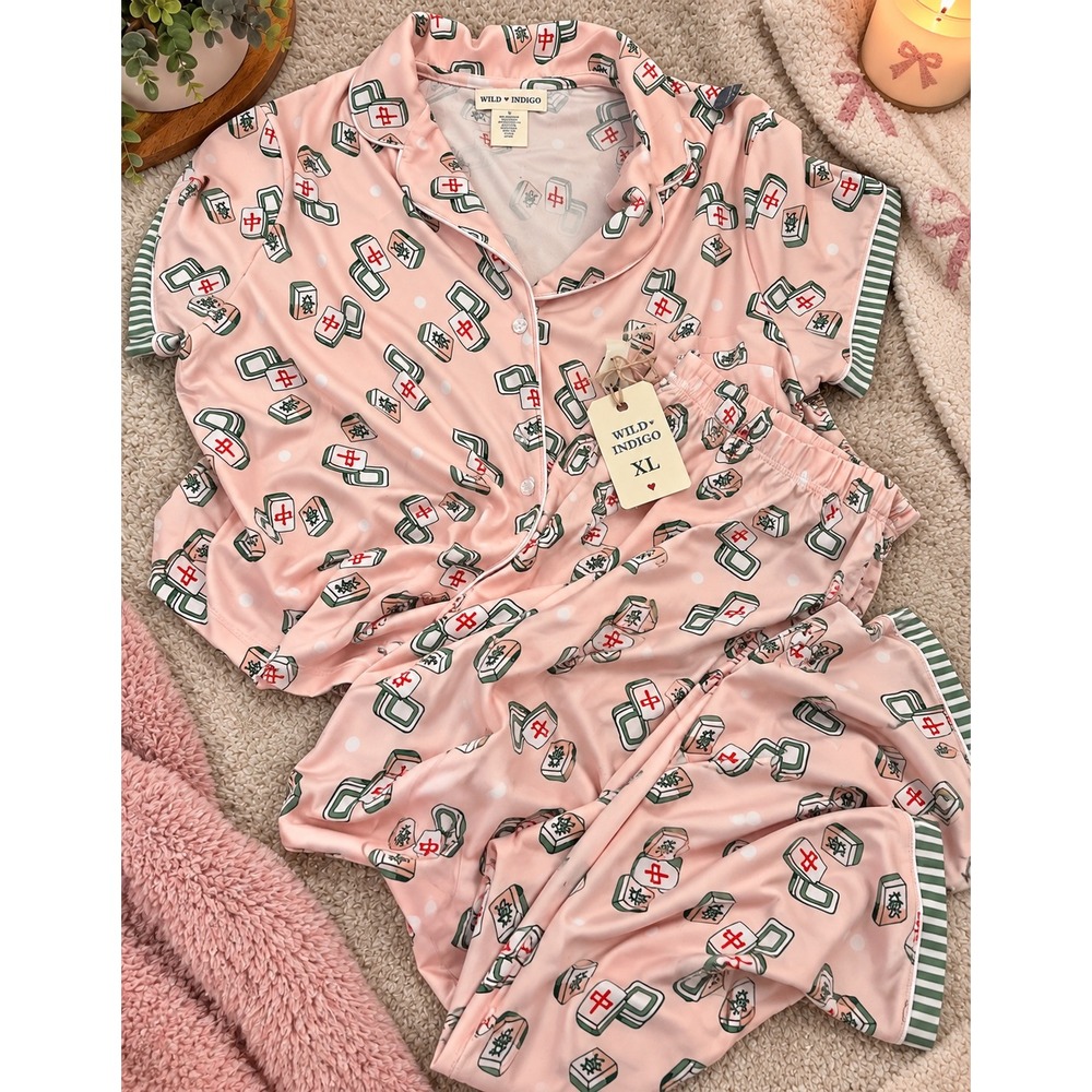 Wild Indigo Pink Mahjong Tiles Pajama Set XL Short Sleeve Top Pants NWT